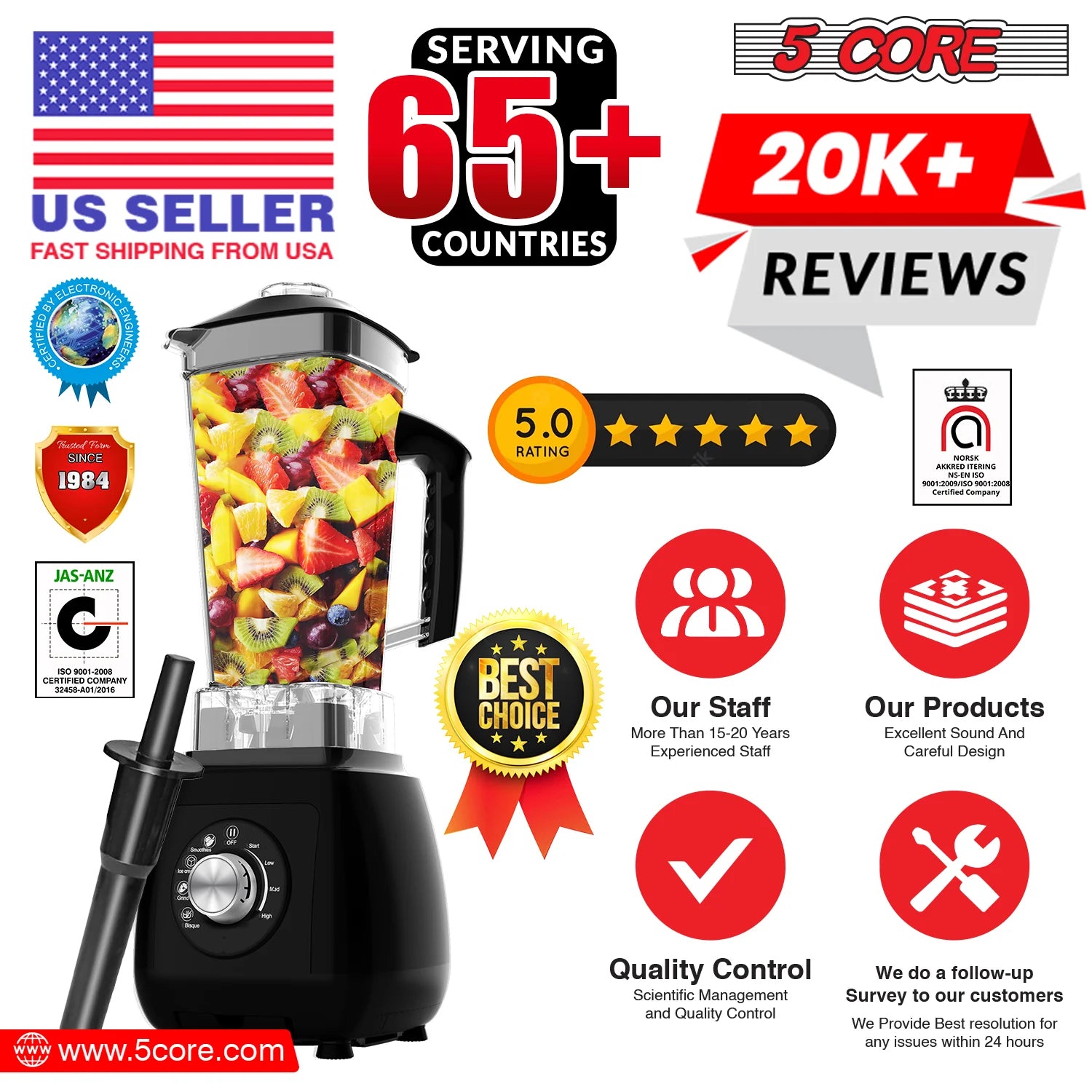 5Core 2000W Blender & Juicer Machine – High‑Power Countertop Smoothie Maker with 68 Oz Jar & 6 Stainless Steel Blades