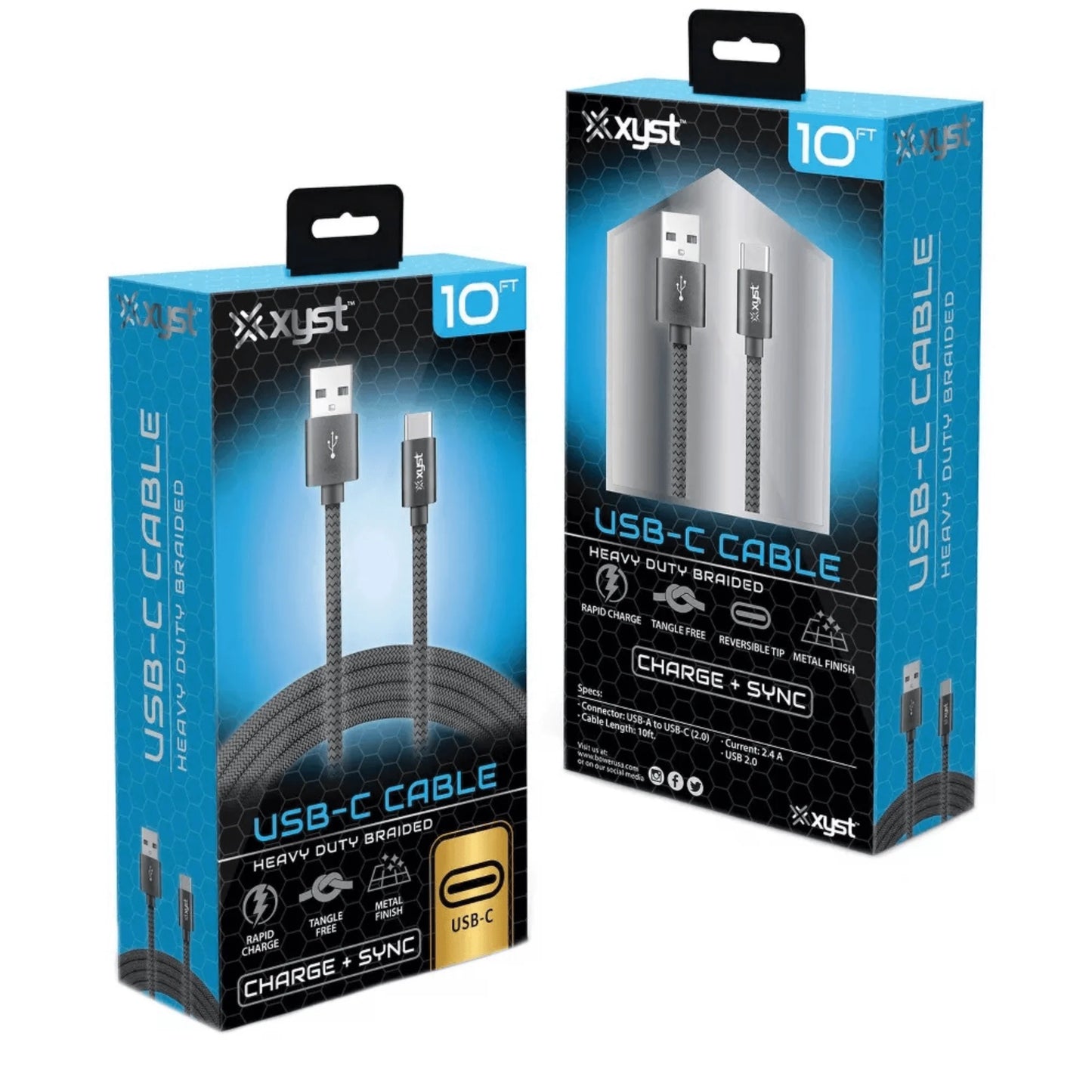 Xyst 10 ft USB‑A to USB‑C Braided Charging Cable – Extra Long Nylon Cable