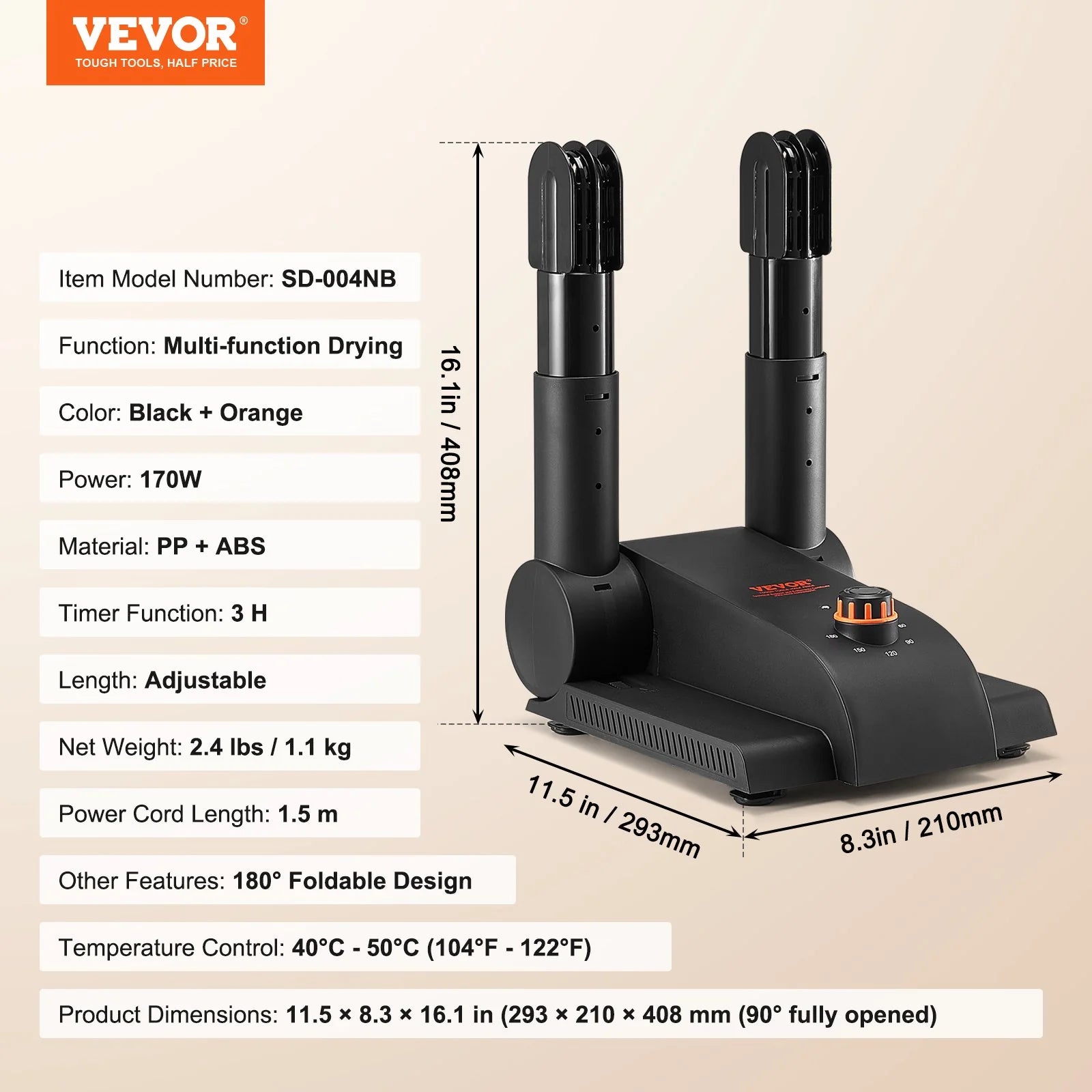 VEVOR Foldable Dual-Tube Shoe & Boot Dryer – Adjustable Warm Air Dryer with Timer, Temperature Control & Quiet Operation