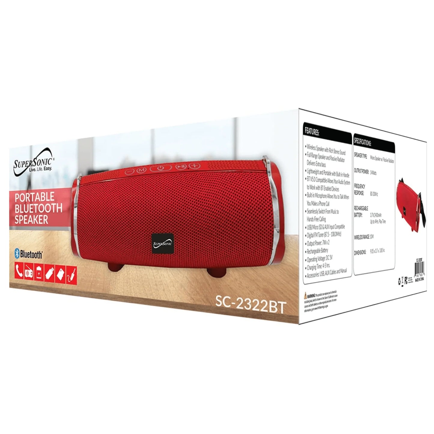 Supersonic Portable Bluetooth Wireless Speaker – 14 W Full‑Range Speaker with Bass Radiator, Mic & FM Radio