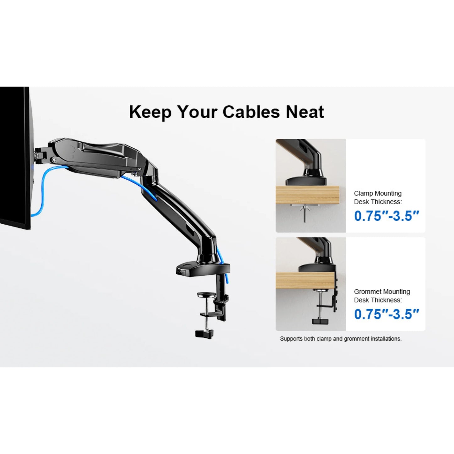 Ergoav Gas Spring Desk Mount for Monitors 13″–27″ – Full Motion Arm with Tilt, Swivel & 360° Rotation, Cable Management & C‑Clamp/Grommet Base