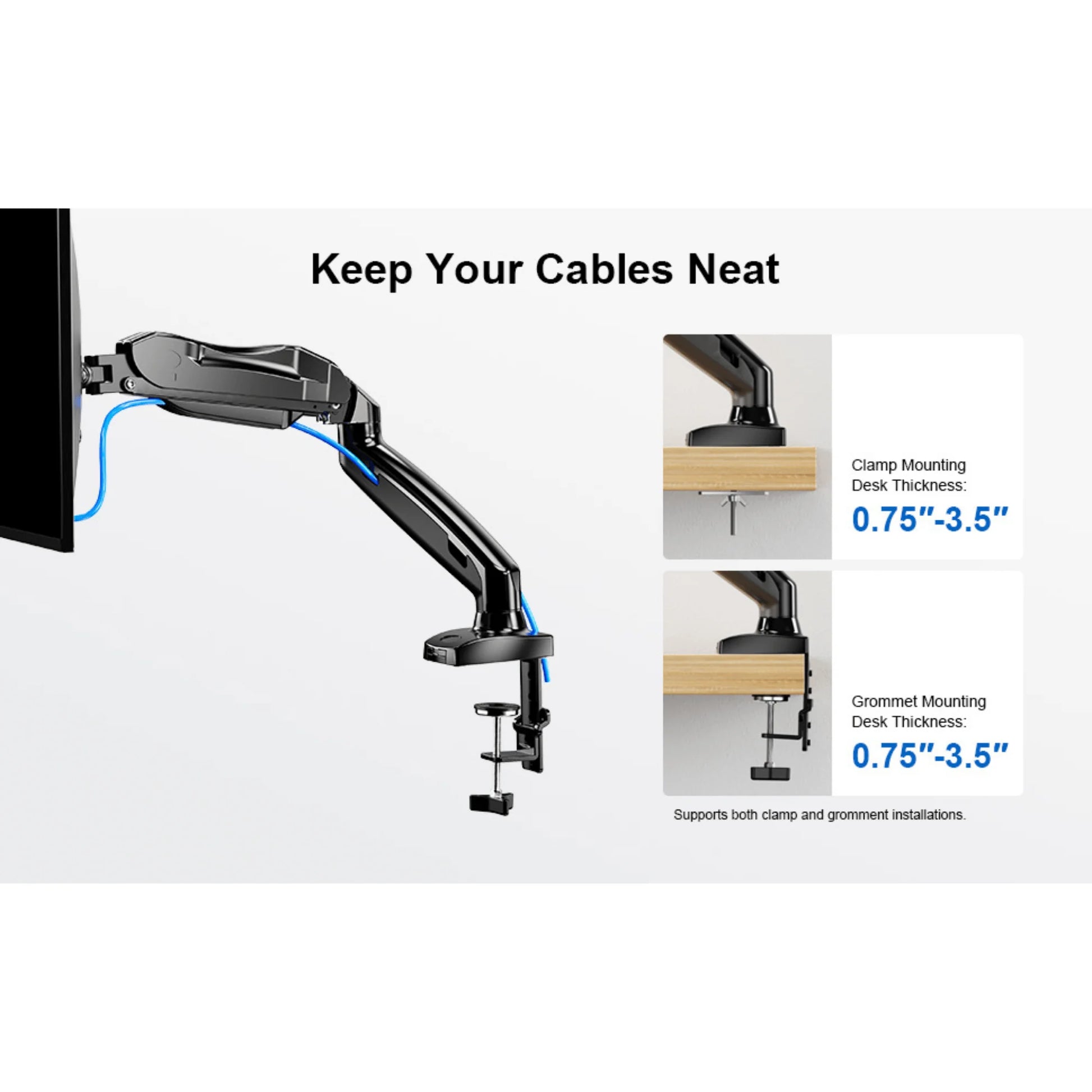 Ergoav Gas Spring Desk Mount for Monitors 13″–27″ – Full Motion Arm with Tilt, Swivel & 360° Rotation, Cable Management & C‑Clamp/Grommet Base