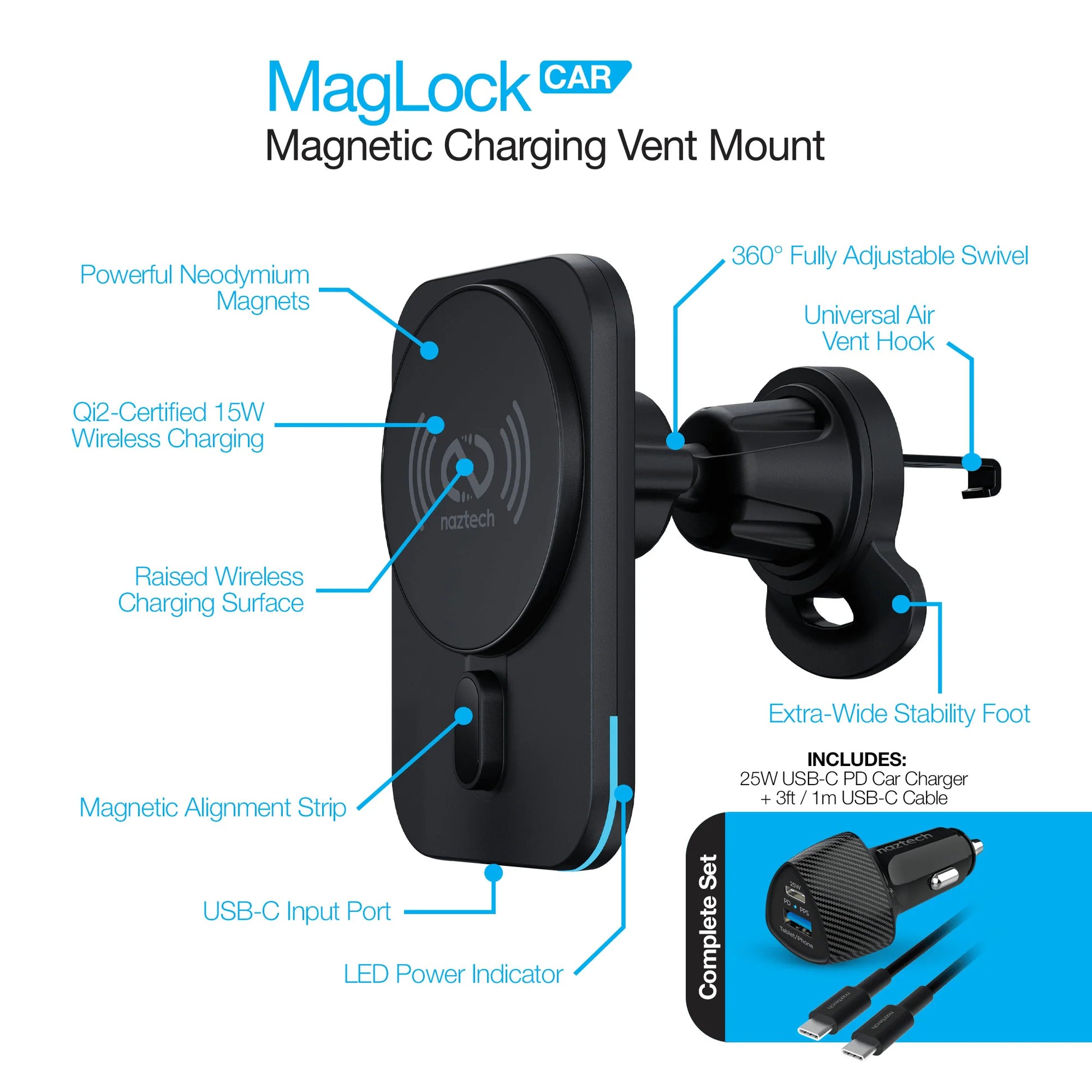 Naztech MagLock Magnetic Car Charger – Qi2 15W Fast Wireless Charging Vent Mount