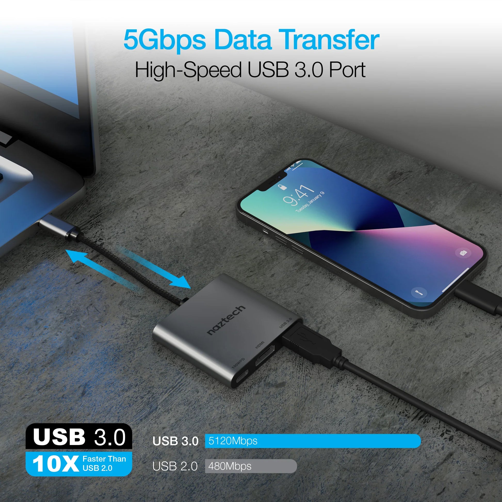 Naztech MaxDrive 3 USB-C Hub – 3-in-1 Adapter with 100W Power Delivery, 4K HDMI & 5Gbps USB 3.0