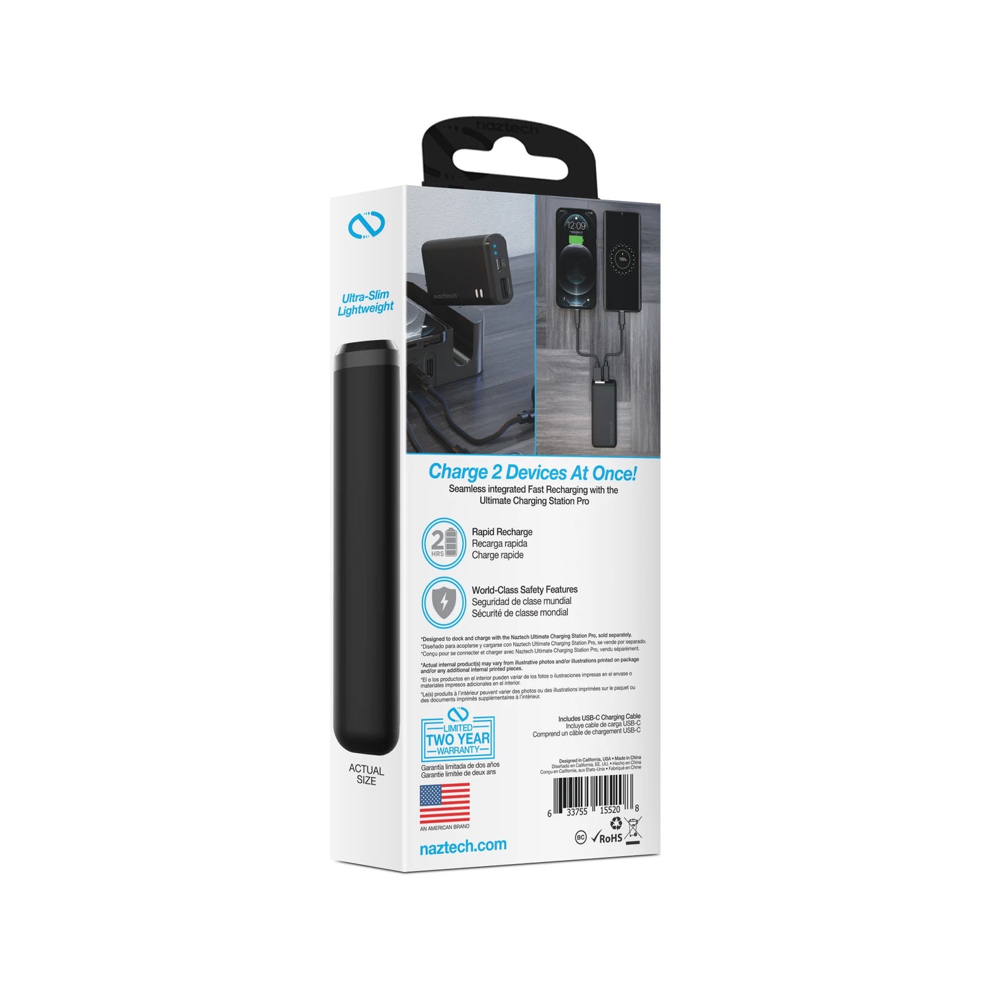 Naztech 4000mAh Power Bank – Compact 15W Dual Output USB‑C/USB Charger with 2h Recharge